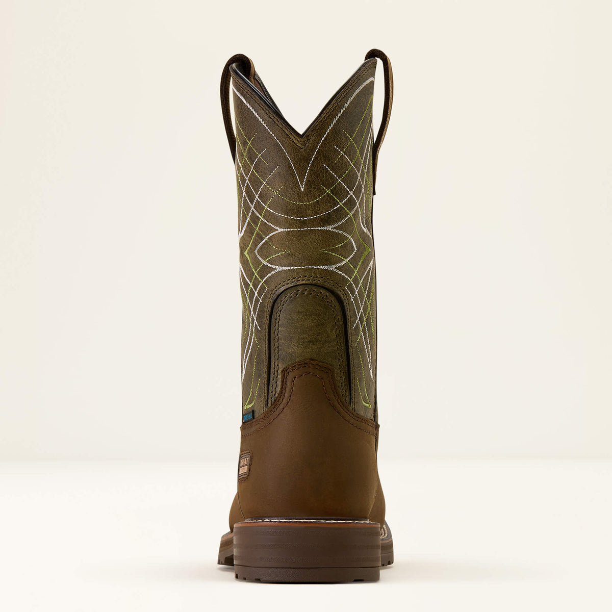 Ariat Activator Waterproof Wide Square Toe Steel Toe Work Boot in Dark Brown, heel view