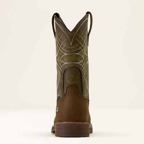 Ariat Activator Waterproof Wide Square Toe Steel Toe Work Boot in Dark Brown, heel view