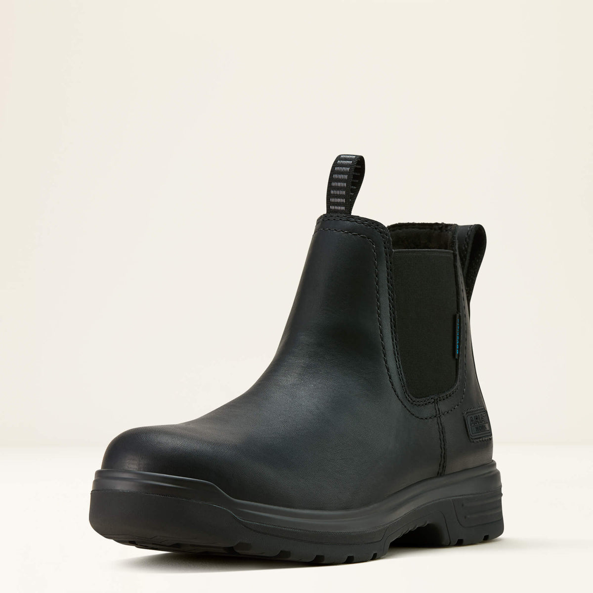 Ariat Turbo Chelsea Waterproof Work Boot in All Black, three-quarter front view