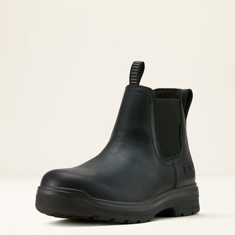 Ariat Turbo Chelsea Waterproof Work Boot in All Black, three-quarter front view