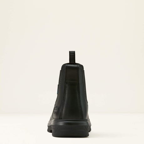 Ariat Turbo Chelsea Waterproof Work Boot in All Black, heel view