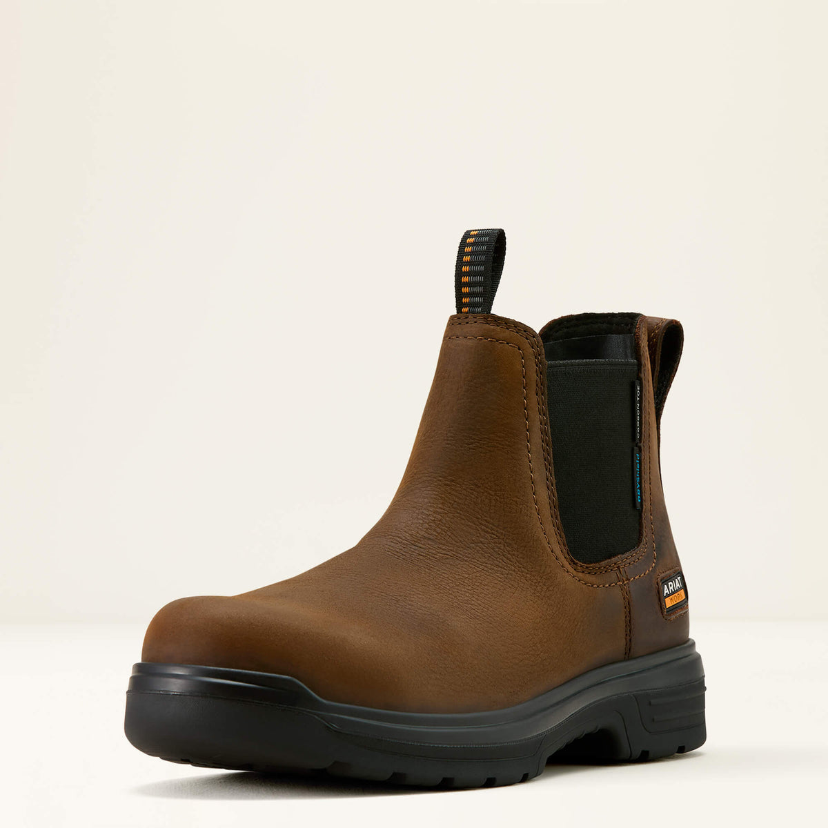 Ariat Turbo Chelsea CSA Waterproof Carbon Toe Work Boot in Rich Brown, three-quarter front view