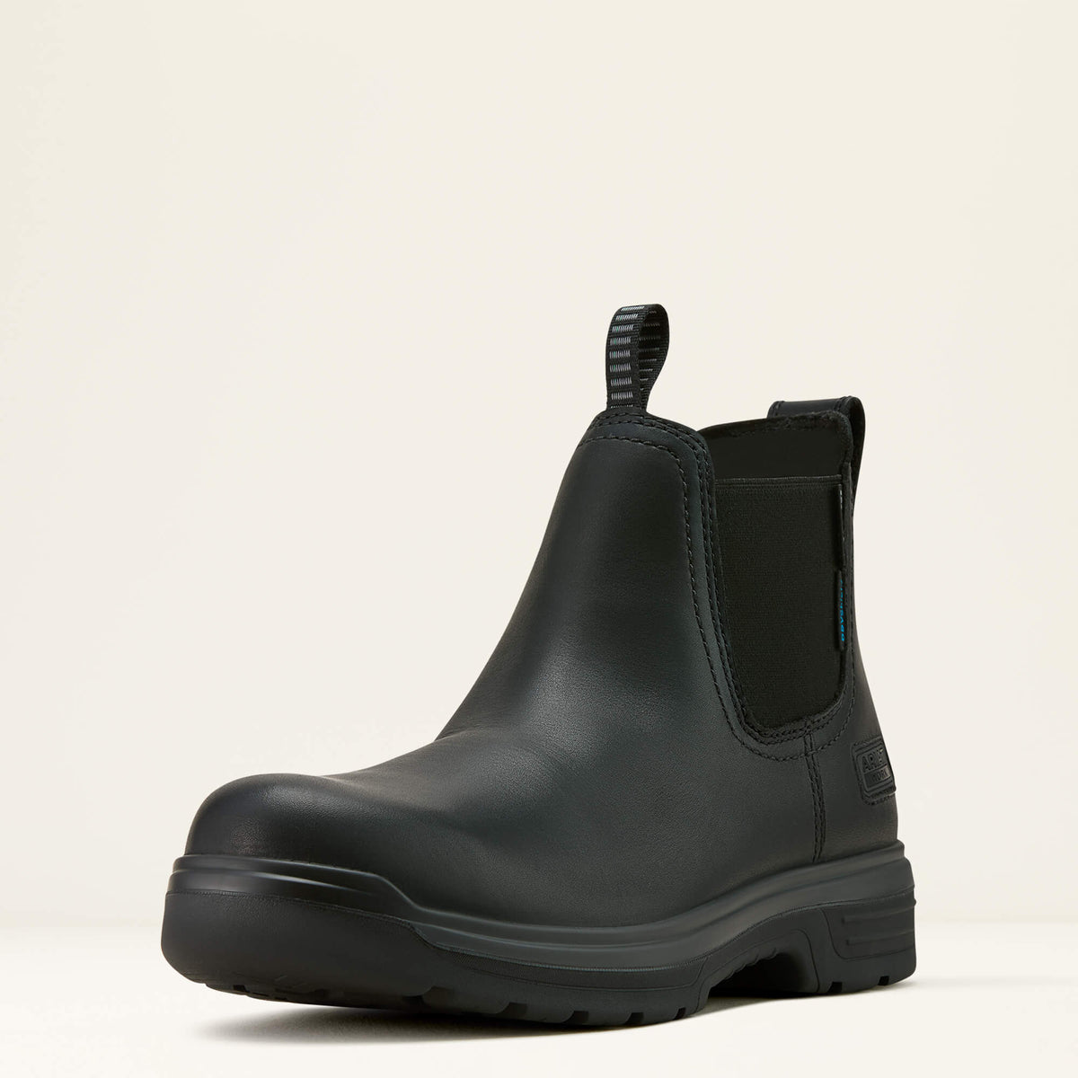 Ariat Turbo Chelsea CSA Waterproof Carbon Toe Work Boot in All Black, three-quarter front view