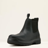 Ariat Turbo Chelsea CSA Waterproof Carbon Toe Work Boot in All Black, three-quarter front view