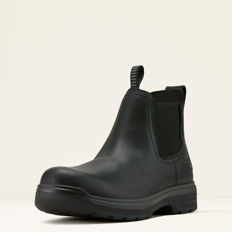 Ariat Turbo Chelsea CSA Waterproof Carbon Toe Work Boot in All Black, three-quarter front view