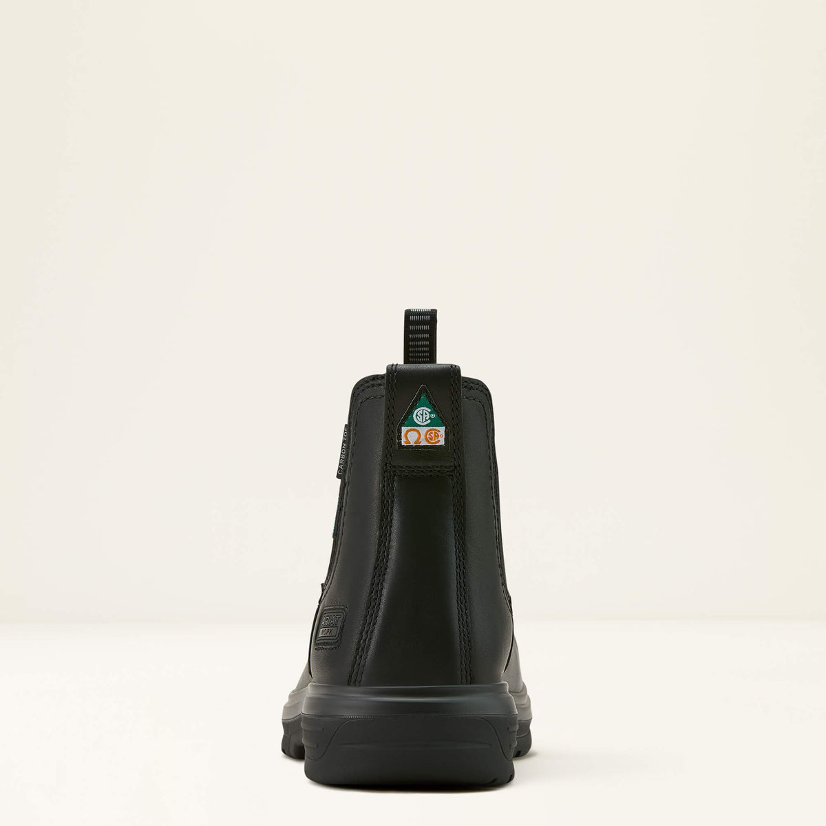 Ariat Turbo Chelsea CSA Waterproof Carbon Toe Work Boot in All Black, heel view
