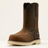 Ariat Rebar Lift Pull On Moc Toe Composite Toe Work Boot in Distressed Brown, three-quarter front view