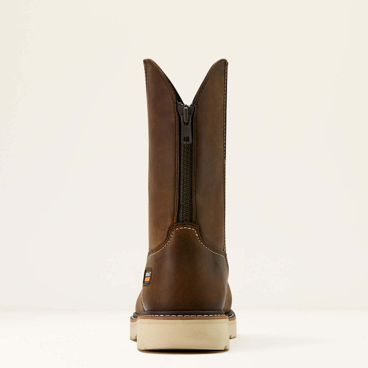 Ariat Rebar Lift Pull On Moc Toe Composite Toe Work Boot in Distressed Brown, heel view