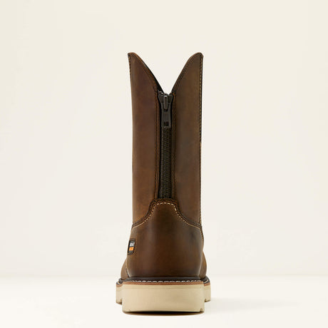 Ariat Rebar Lift Pull On Moc Toe Composite Toe Work Boot in Distressed Brown, heel view