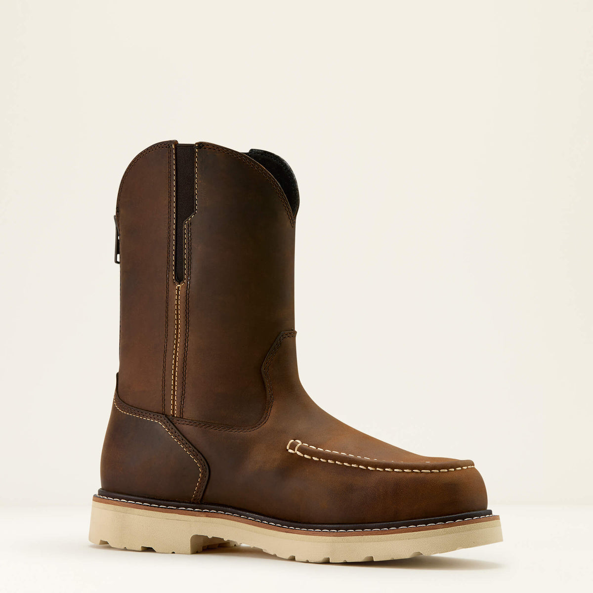Ariat Rebar Lift Pull On Moc Toe Composite Toe Work Boot in Distressed Brown, medial view