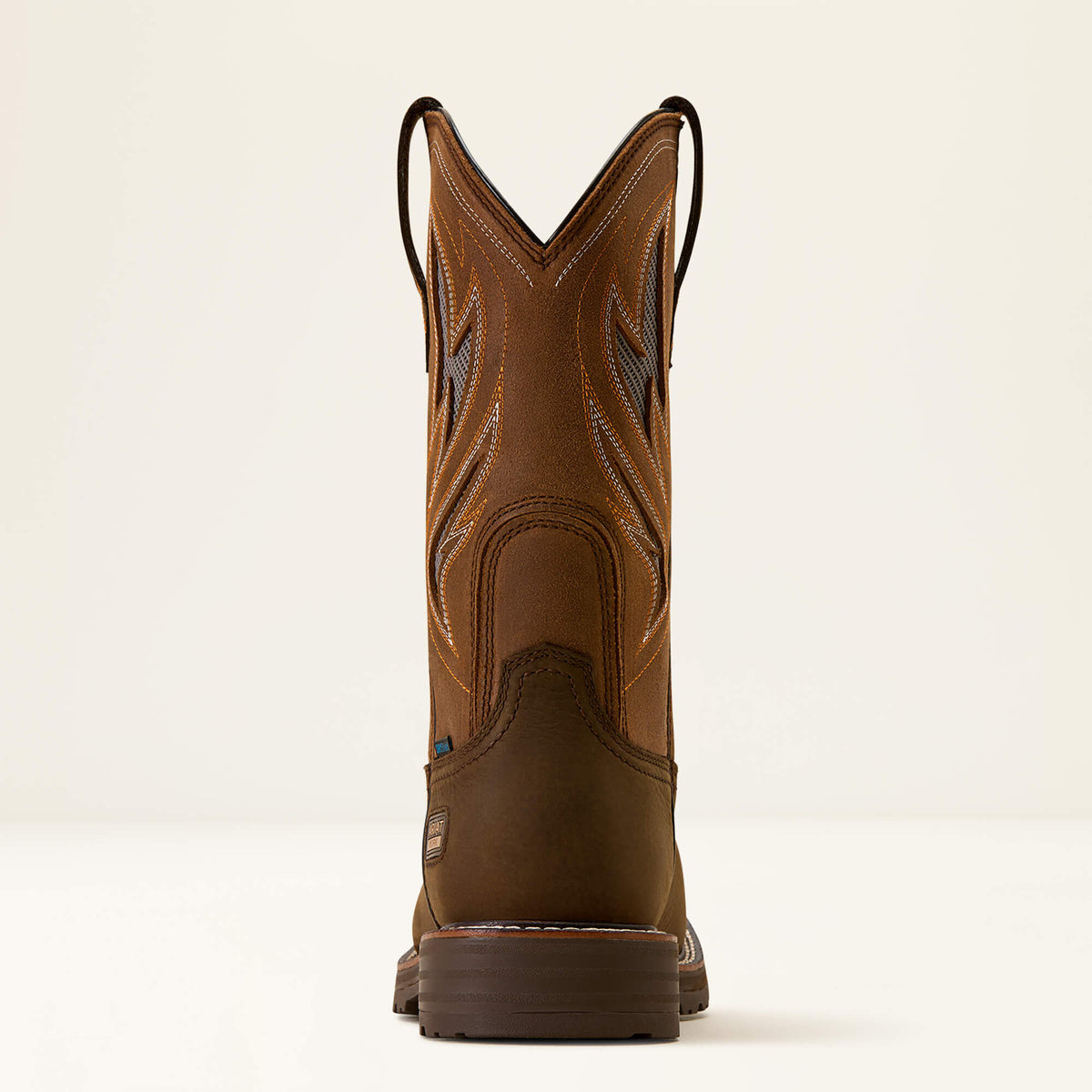 Ariat Activator  VentTEK Waterproof Wide Square Toe Steel Toe Work Boot in Dark Brown, heel view