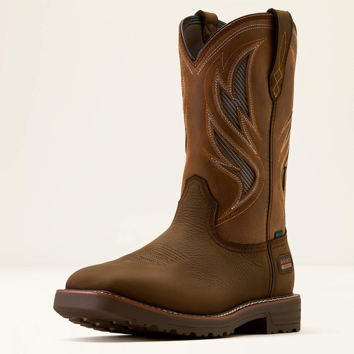Ariat Activator VentTEK Waterproof Wide Square Toe  Work Boot in Dark Brown, three-quarter front view