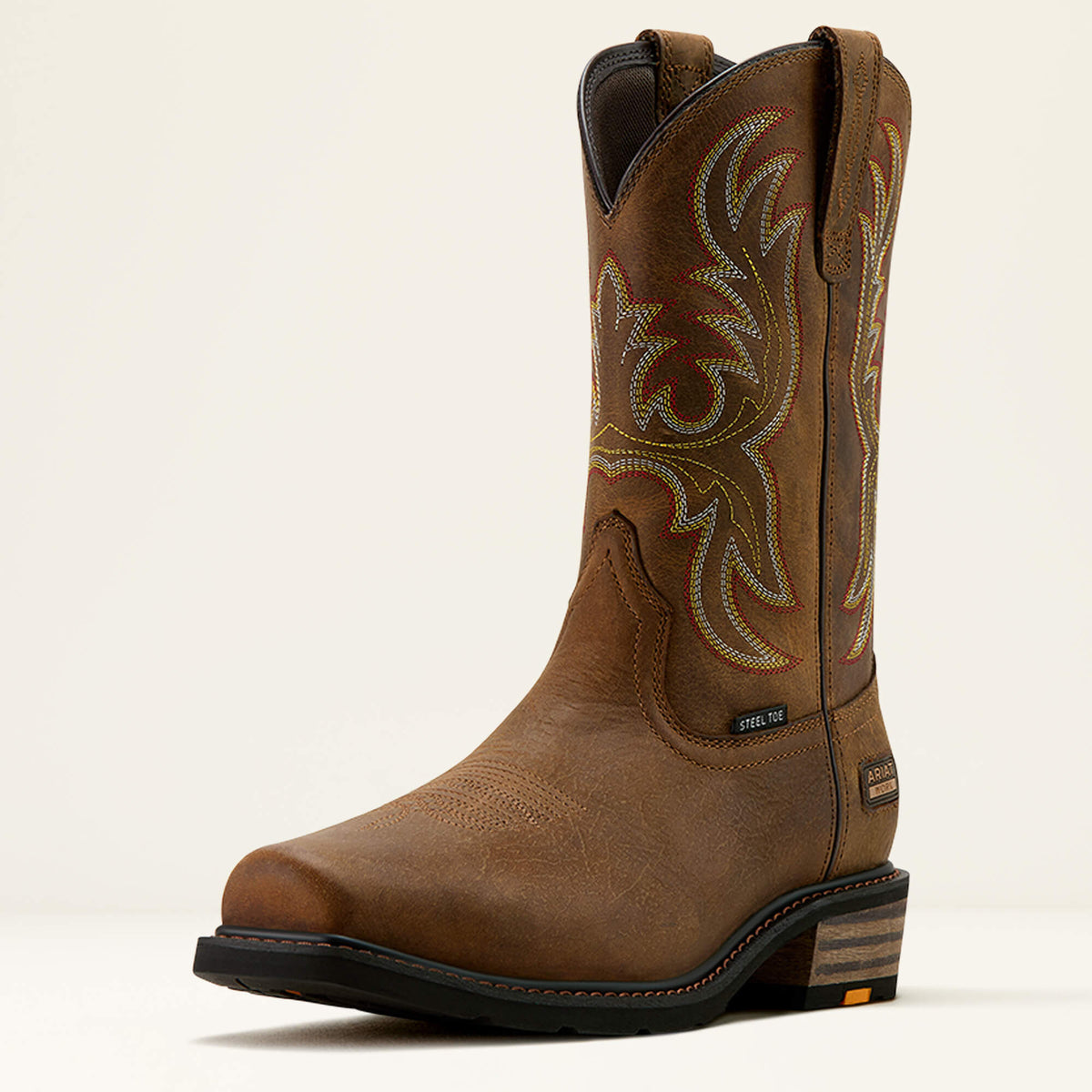 Ariat Ironside Square Toe Steel Toe Work Boot in Rye Brown, three-quarter front view