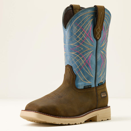 Ariat Activator Waterproof Wide Square Toe Steel Toe Work Boot in Dark Brown, three-quarter front view