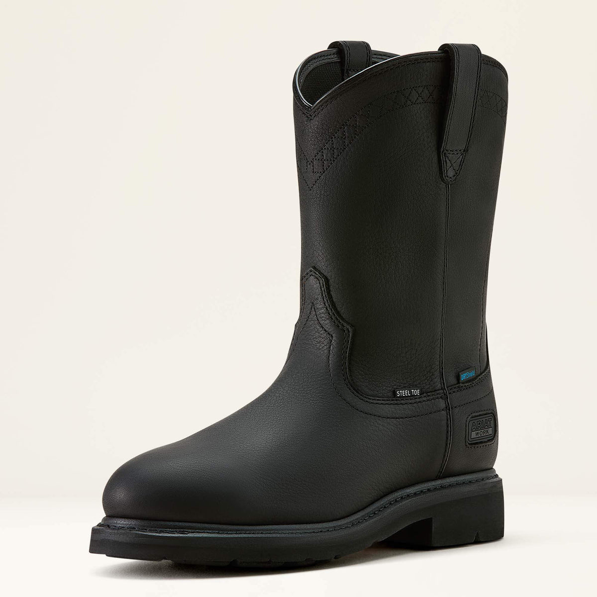 Ariat Sierra Waterproof Steel Toe Work Boot in Black, three-quarter front view