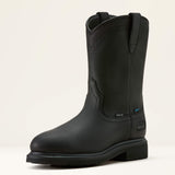 Ariat Sierra Waterproof Steel Toe Work Boot in Black, three-quarter front view