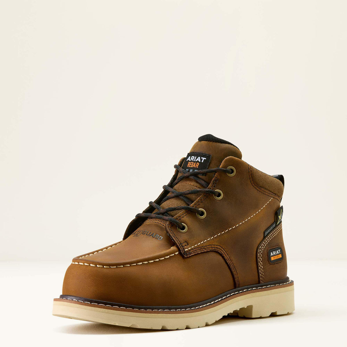Ariat Rebar Lift Chukka MetGuard Composite Toe Work Boot in Distressed Brown, three-quarter front view