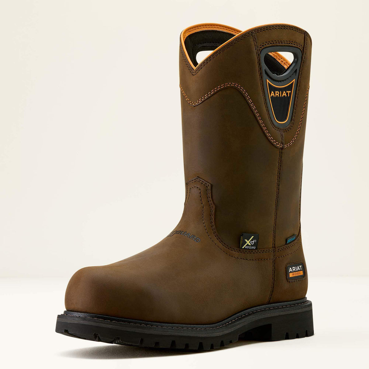 Ariat Longview Shock Shield MetGuard Waterproof Composite Toe Work Boot in Oily Distressed Brown, three-quarter front view