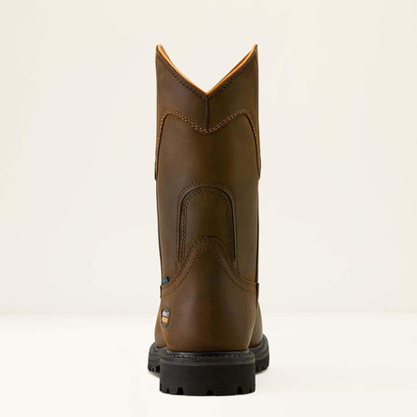 Ariat Longview Shock Shield MetGuard Waterproof Composite Toe Work Boot in Oily Distressed Brown, heel view