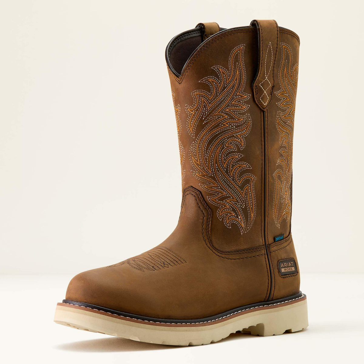 Ariat Activator Argo Waterproof Round Toe  Work Boot in Distressed Brown, three-quarter front view