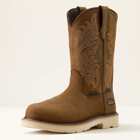 Ariat Activator Argo Waterproof Round Toe Composite Toe Work Boot in Distressed Brown, three-quarter front view