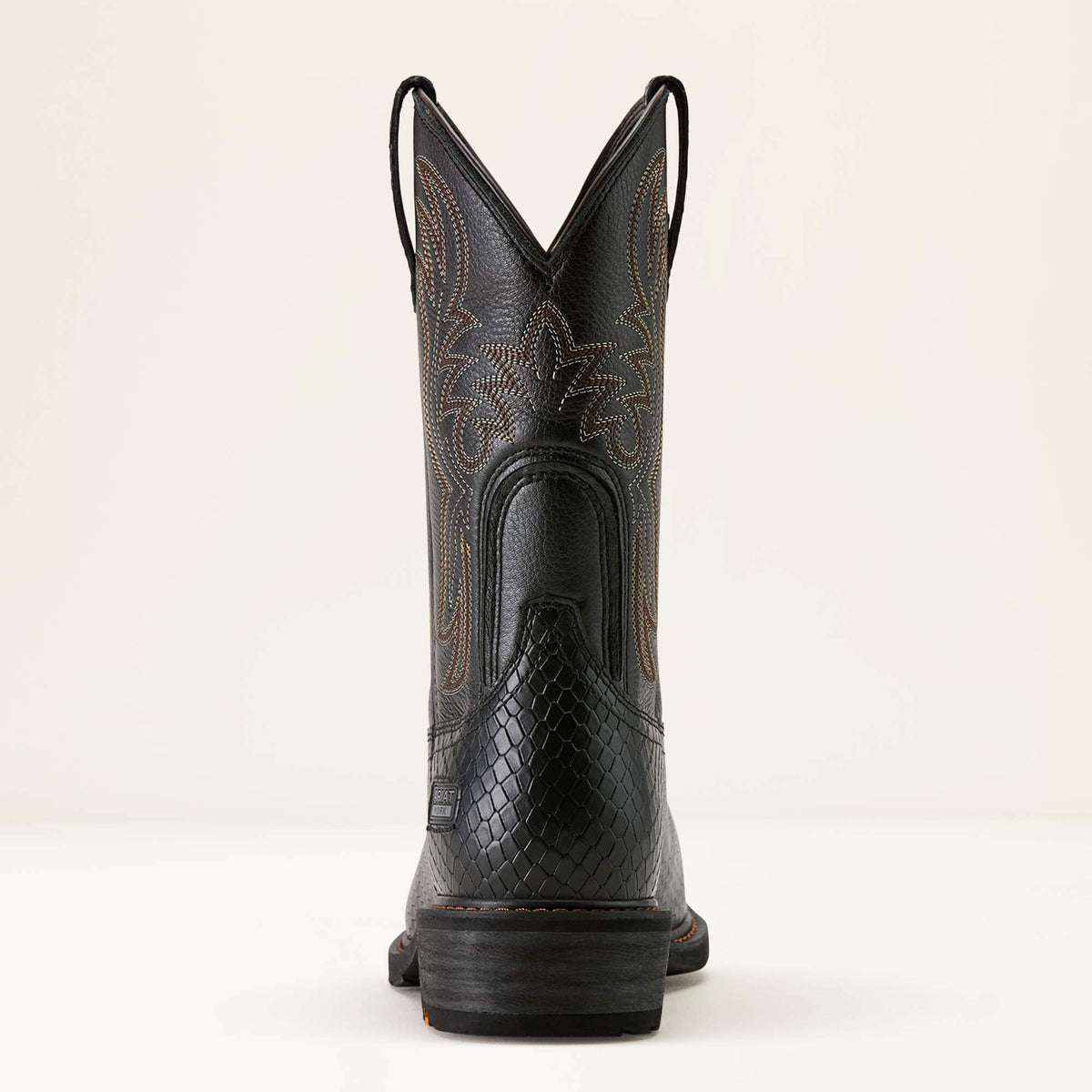 Ariat Ironside Square Toe Steel Toe Work Boot in Black Dragon Print, heel view