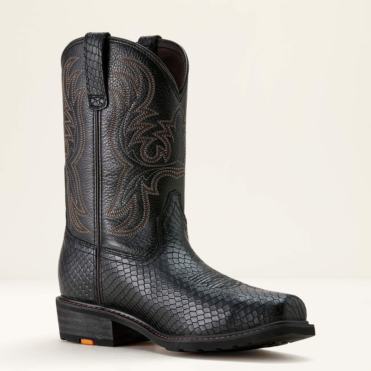 Ariat Ironside Square Toe Steel Toe Work Boot in Black Dragon Print, medial view