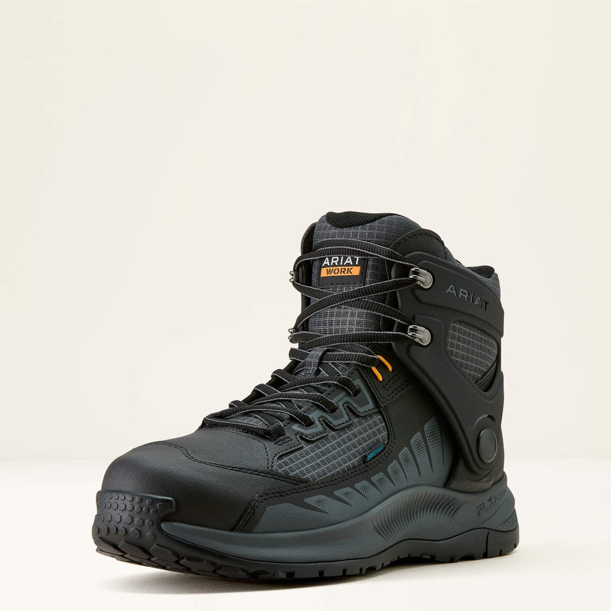 Ariat Outpace Shift 6" Waterproof Composite Toe Work Boot in Black, three-quarter front view
