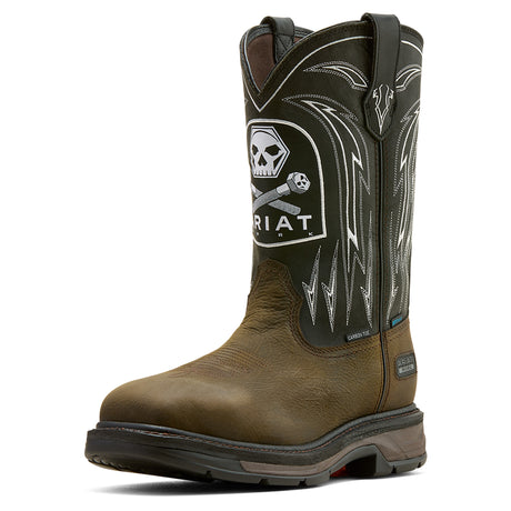 Ariat WorkHog XT Bolt Skull Waterproof Wide Square Toe Carbon Toe Work Boot in Iron Coffee, three-quarter front view