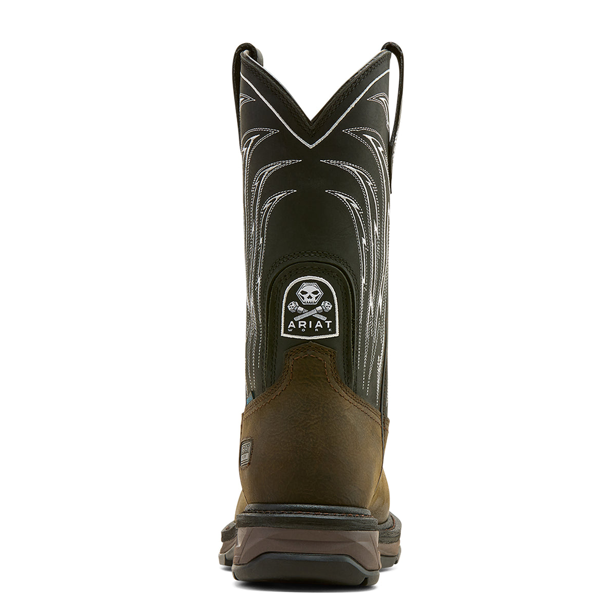 Ariat WorkHog XT Bolt Skull Waterproof Wide Square Toe Carbon Toe Work Boot in Iron Coffee, heel view