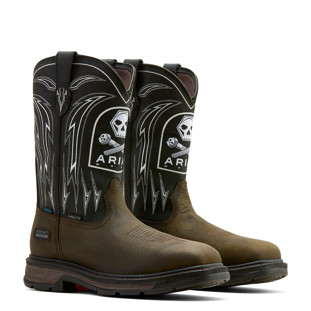 Ariat WorkHog XT Bolt Skull Waterproof Wide Square Toe Carbon Toe Work Boot in Iron Coffee, pair view