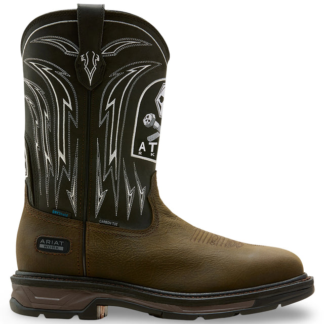 Ariat WorkHog XT Bolt Skull Waterproof Wide Square Toe Carbon Toe Work Boot in Iron Coffee, side view