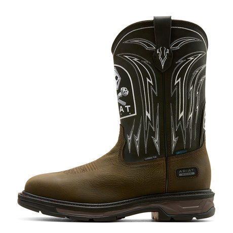 Ariat WorkHog XT Bolt Skull Waterproof Wide Square Toe Carbon Toe Work Boot in Iron Coffee, side view