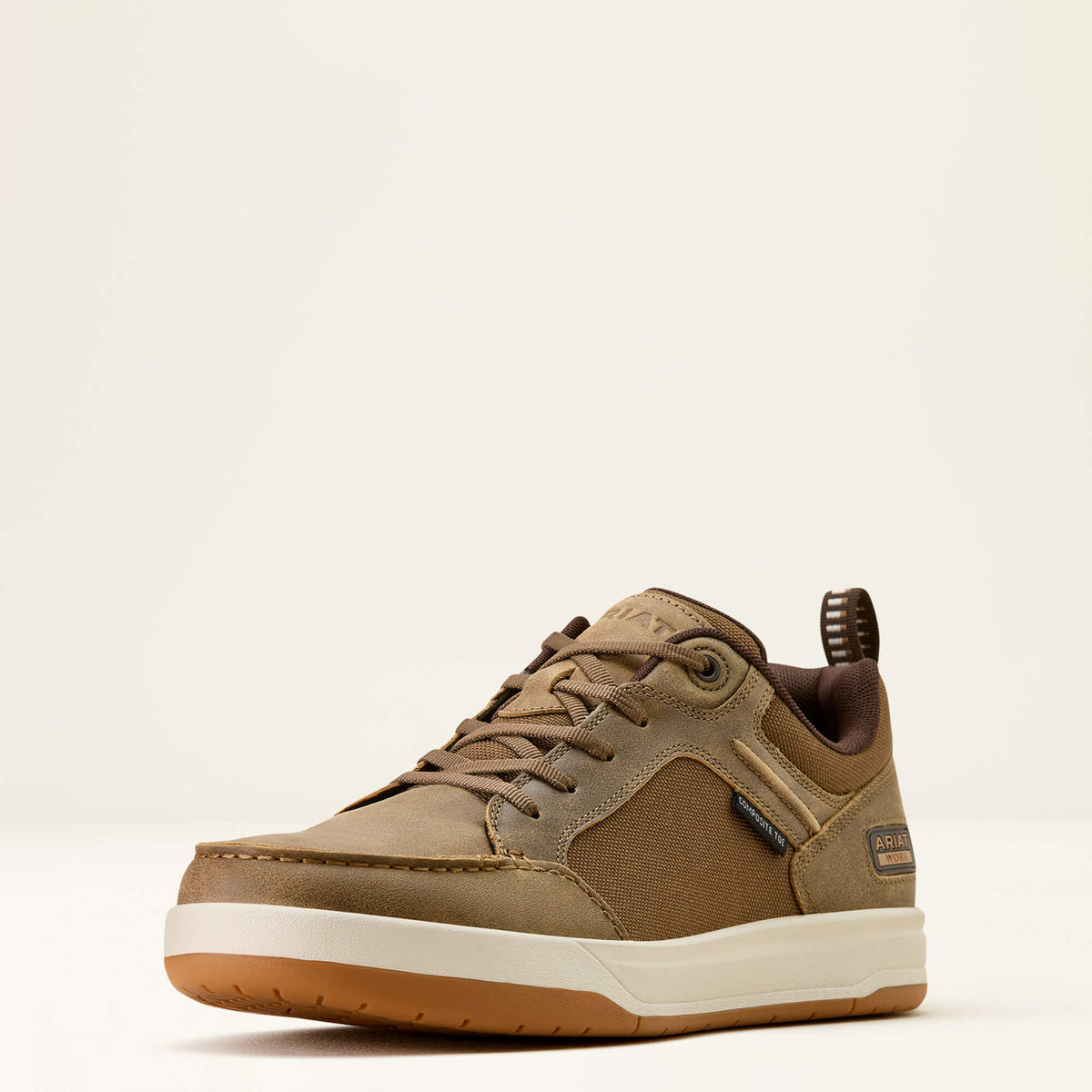 Ariat Outmatch Composite Toe Work Shoe in Brown Bomber, three-quarter front view