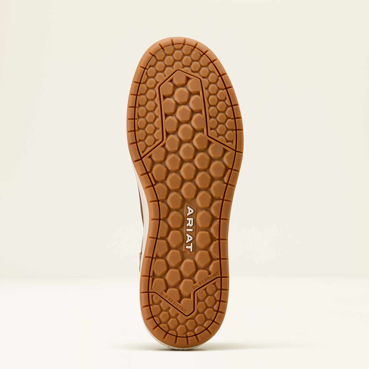 Ariat Outmatch Composite Toe Work Shoe in Brown Bomber, sole view
