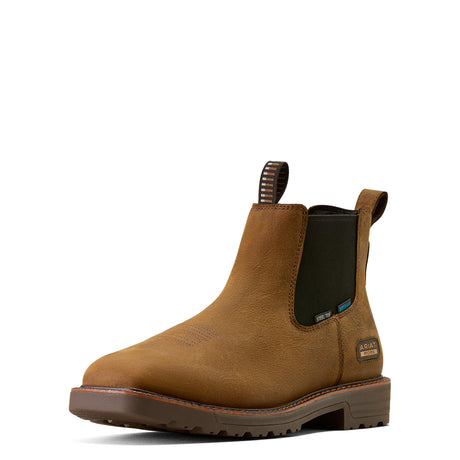 Ariat Activator Chelsea Waterproof Wide Square Toe Steel Toe Work Boot in Rye Brown, three-quarter front view