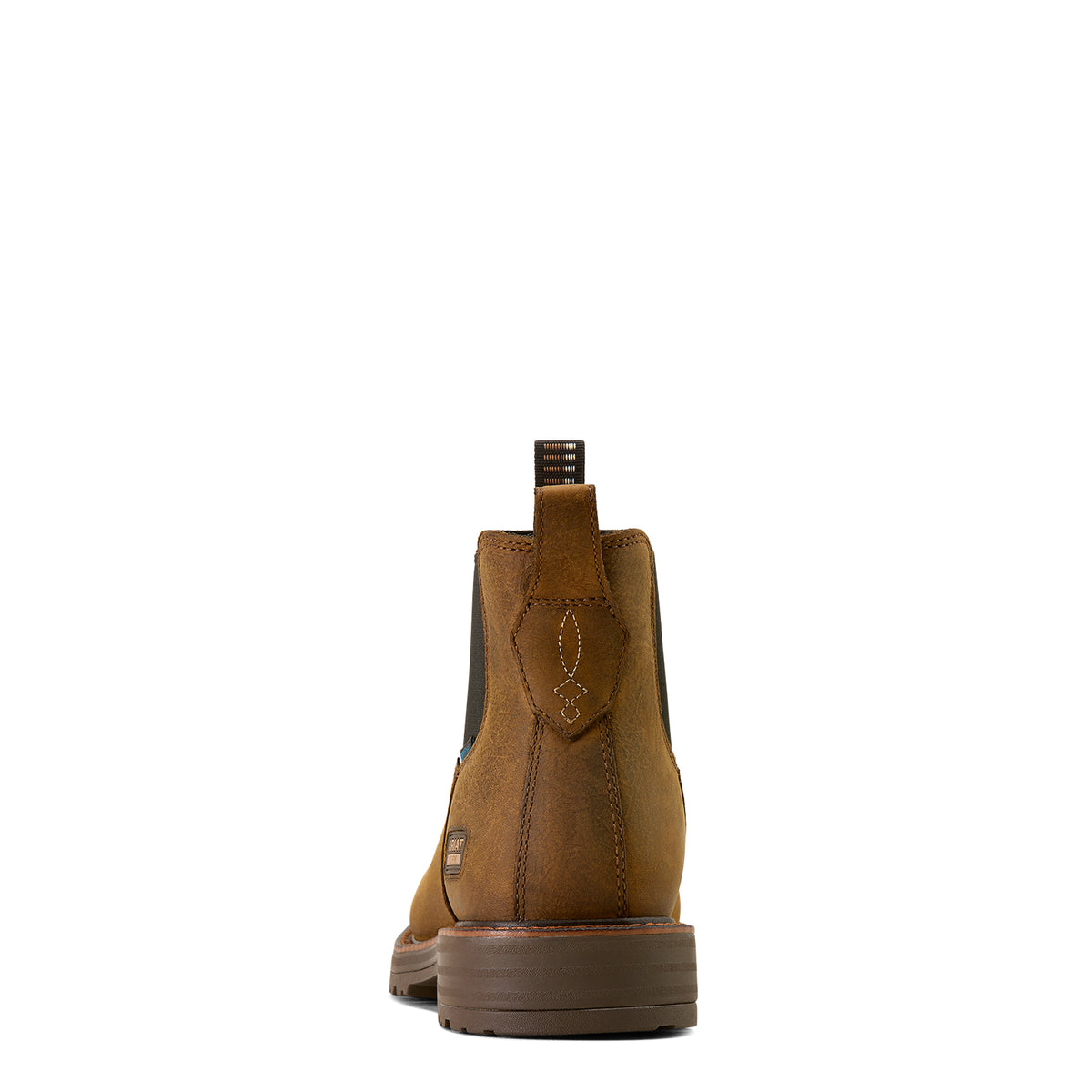 Ariat Activator Chelsea Waterproof Wide Square Toe Steel Toe Work Boot in Rye Brown, heel view