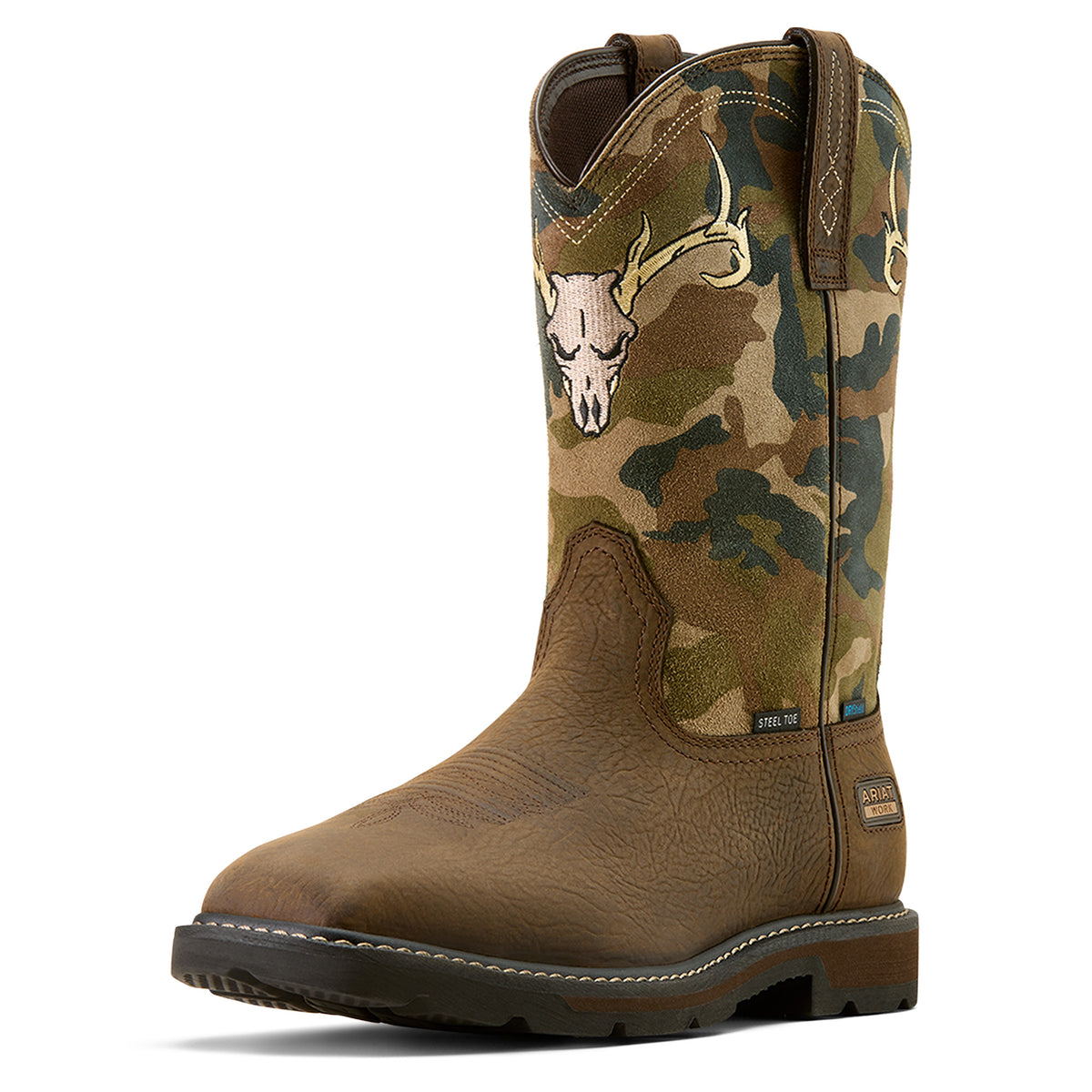 Ariat Groundbreaker Antler Waterproof Wide Square Toe Steel Toe Work Boot in Bruin Brown, three-quarter front view