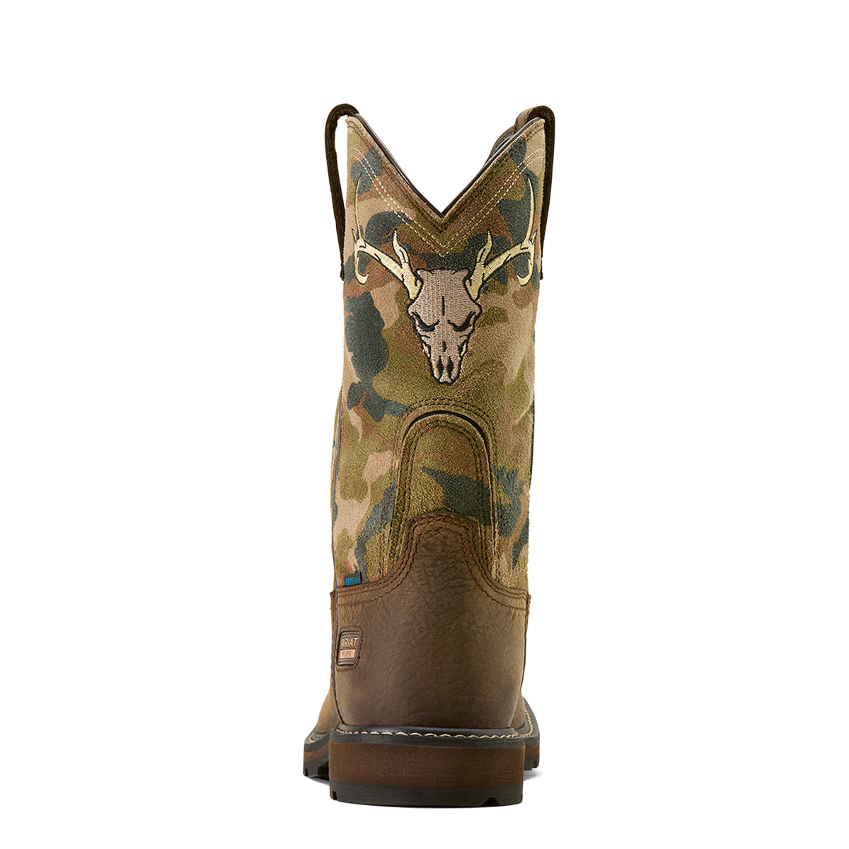 Ariat Groundbreaker Antler Waterproof Wide Square Toe Steel Toe Work Boot in Bruin Brown, heel view