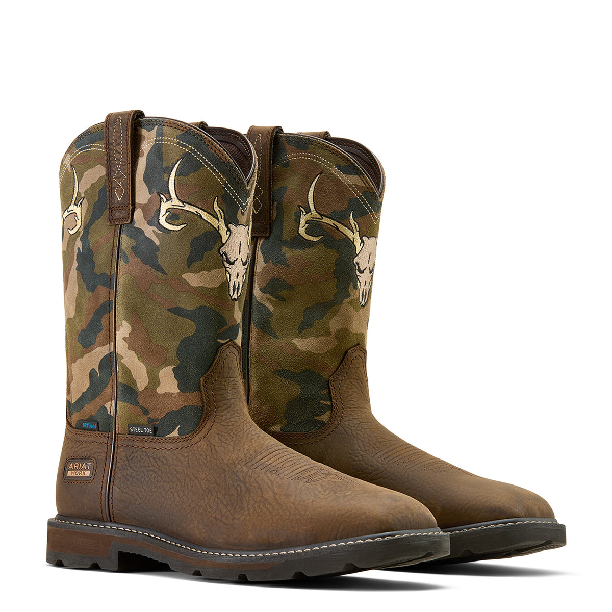 Ariat Groundbreaker Antler Waterproof Wide Square Toe Steel Toe Work Boot in Bruin Brown, pair view