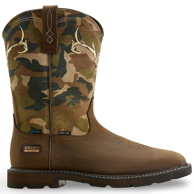 Ariat Groundbreaker Antler Waterproof Wide Square Toe Steel Toe Work Boot in Bruin Brown, side view