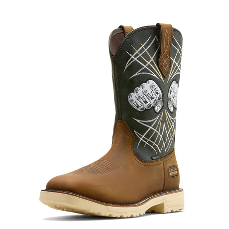 Ariat Activator Live Free Wide Square Toe Steel Toe Work Boot in Distressed Brown, three-quarter front view