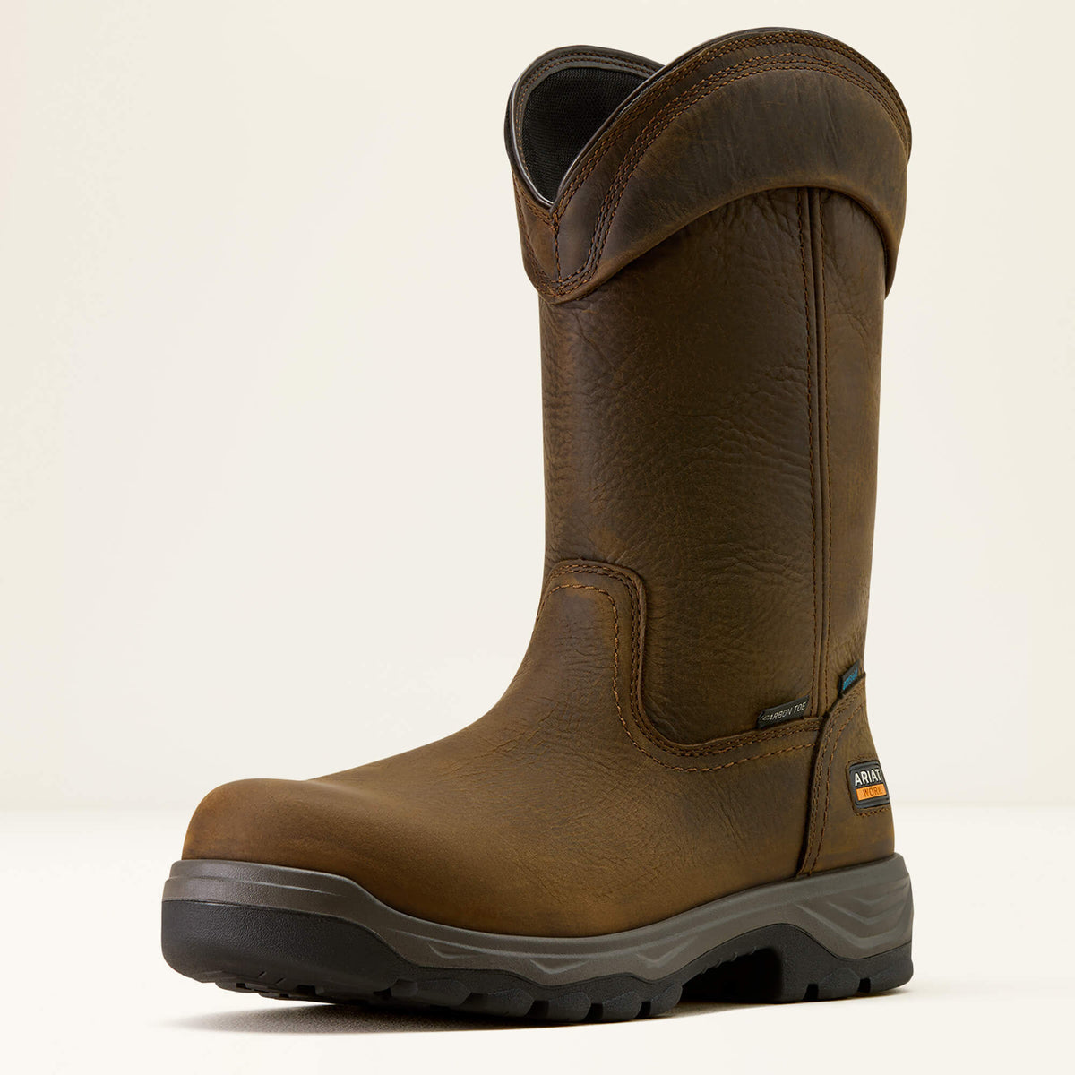 Ariat Turbo Duratread Pull On Waterproof Carbon Toe Work Boot in Dark Brown, three-quarter front view