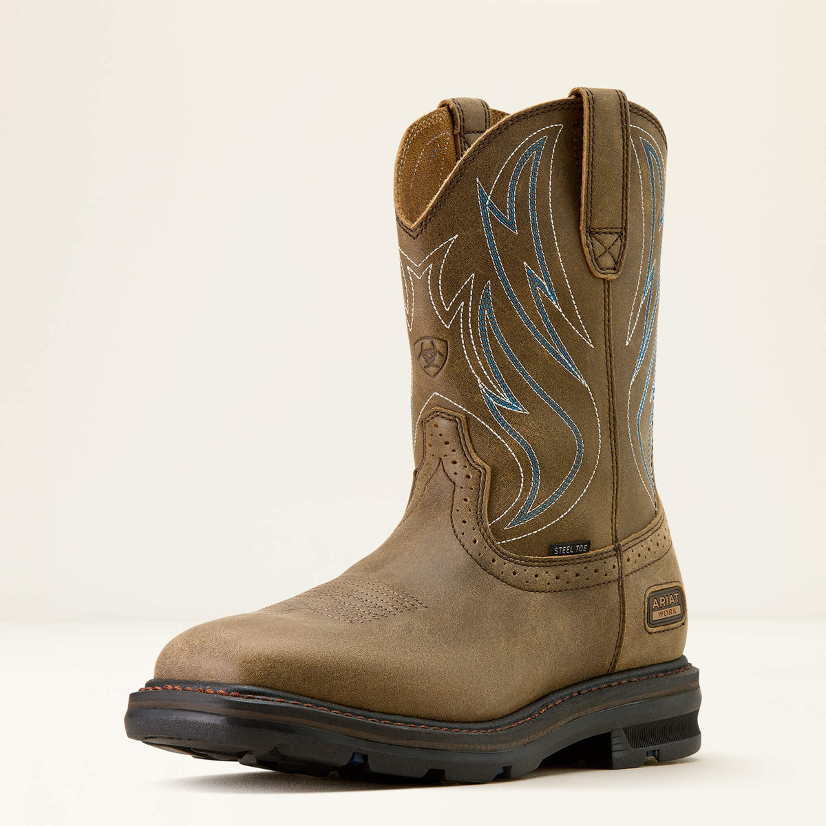 Ariat Sierra Shock Shield Wide Square Toe Steel Toe Work Boot in Brown Bomber, three-quarter front view