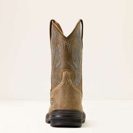 Ariat Sierra Shock Shield Wide Square Toe Steel Toe Work Boot in Brown Bomber, heel view