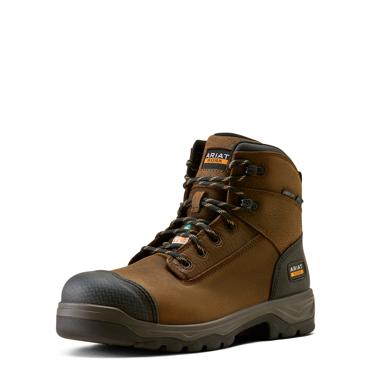 Ariat Turbo Duratread CSA 6" Waterproof Carbon Toe Work Boot in Rich Brown, three-quarter front view