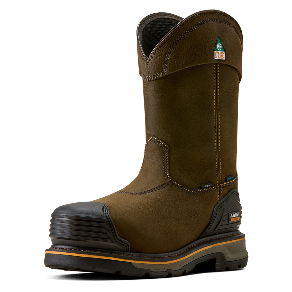 Ariat Stump Jumper Pull-On CSA Waterproof Insulated Composite Toe Work Boot in Iron Coffee, three-quarter front view
