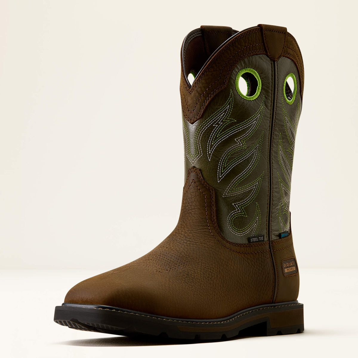 Ariat Groundwork Waterproof Wide Square Toe Steel Toe Work Boot in Dark Brown, three-quarter front view