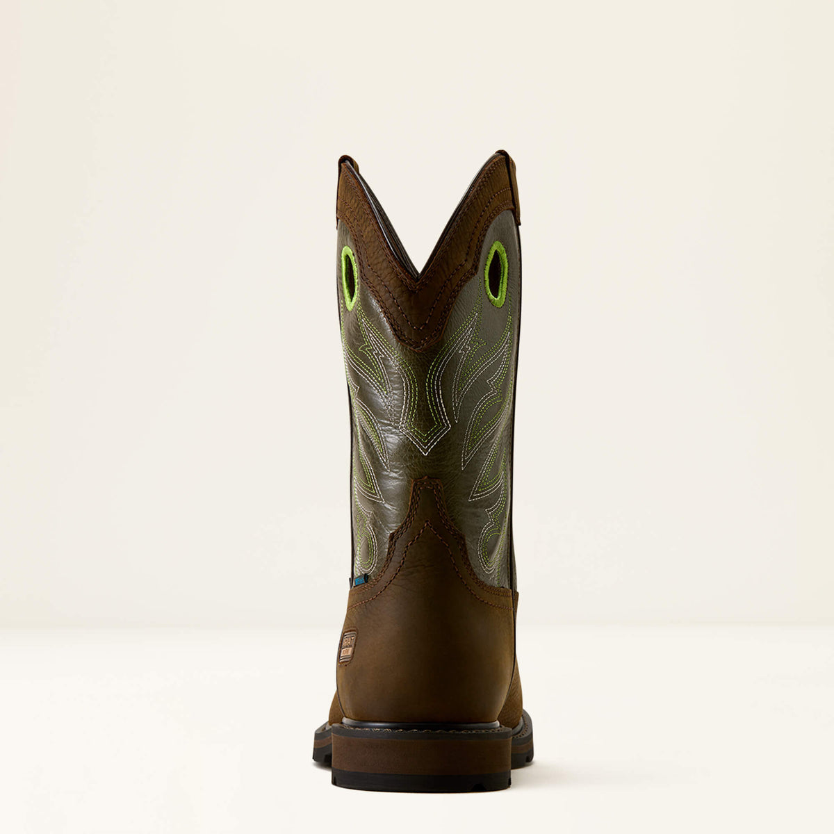 Ariat Groundwork Waterproof Wide Square Toe Steel Toe Work Boot in Dark Brown, heel view