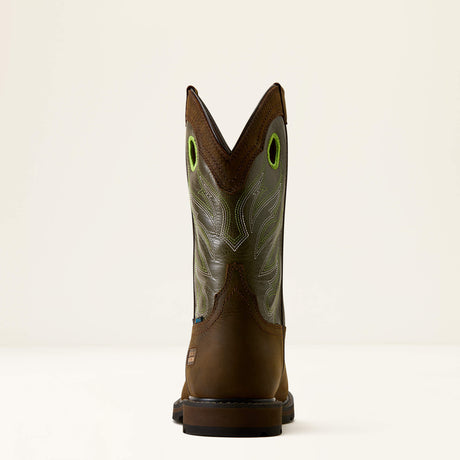 Ariat Groundwork Waterproof Wide Square Toe Steel Toe Work Boot in Dark Brown, heel view